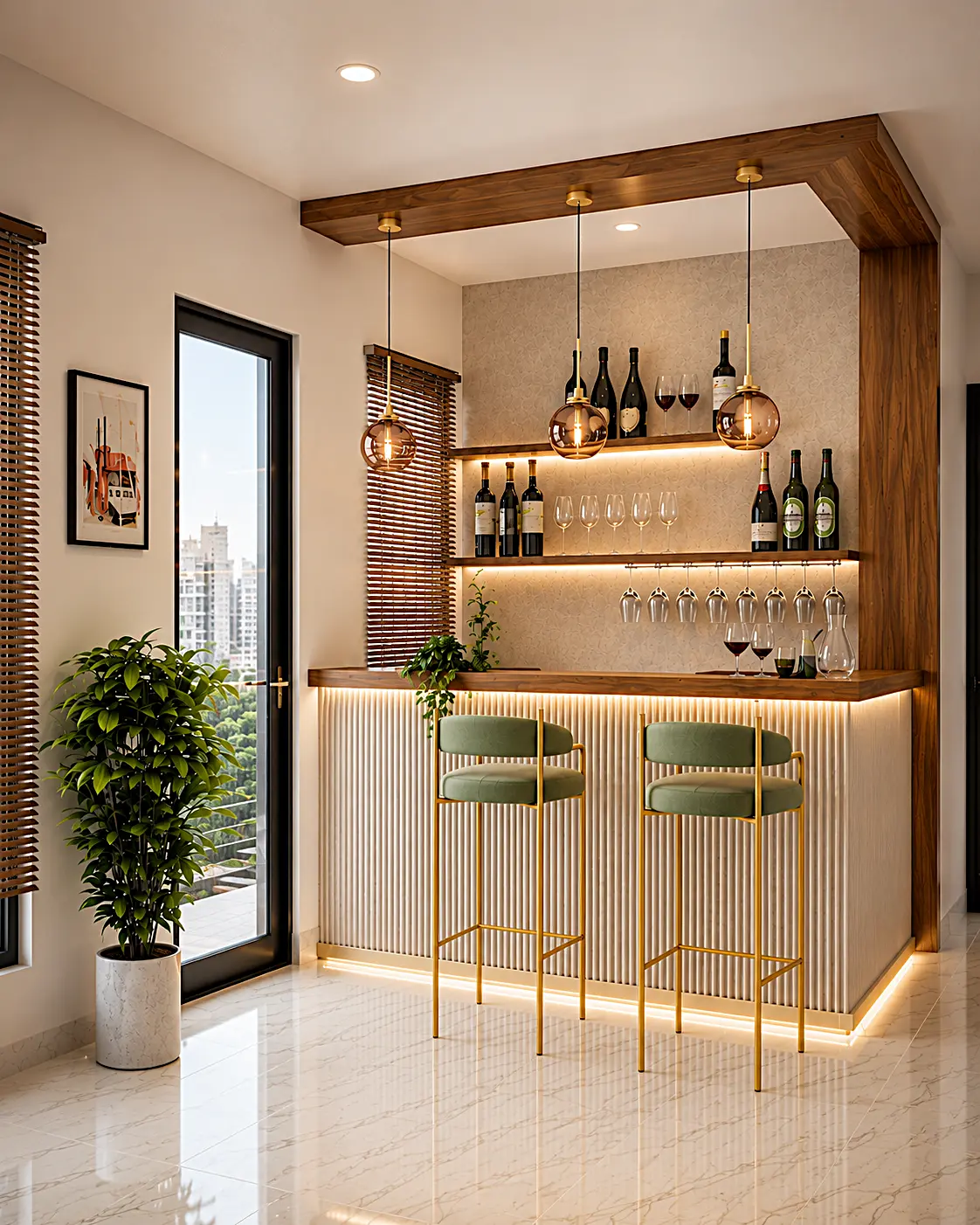 Home bar with timber framing, fluted counter and green stools