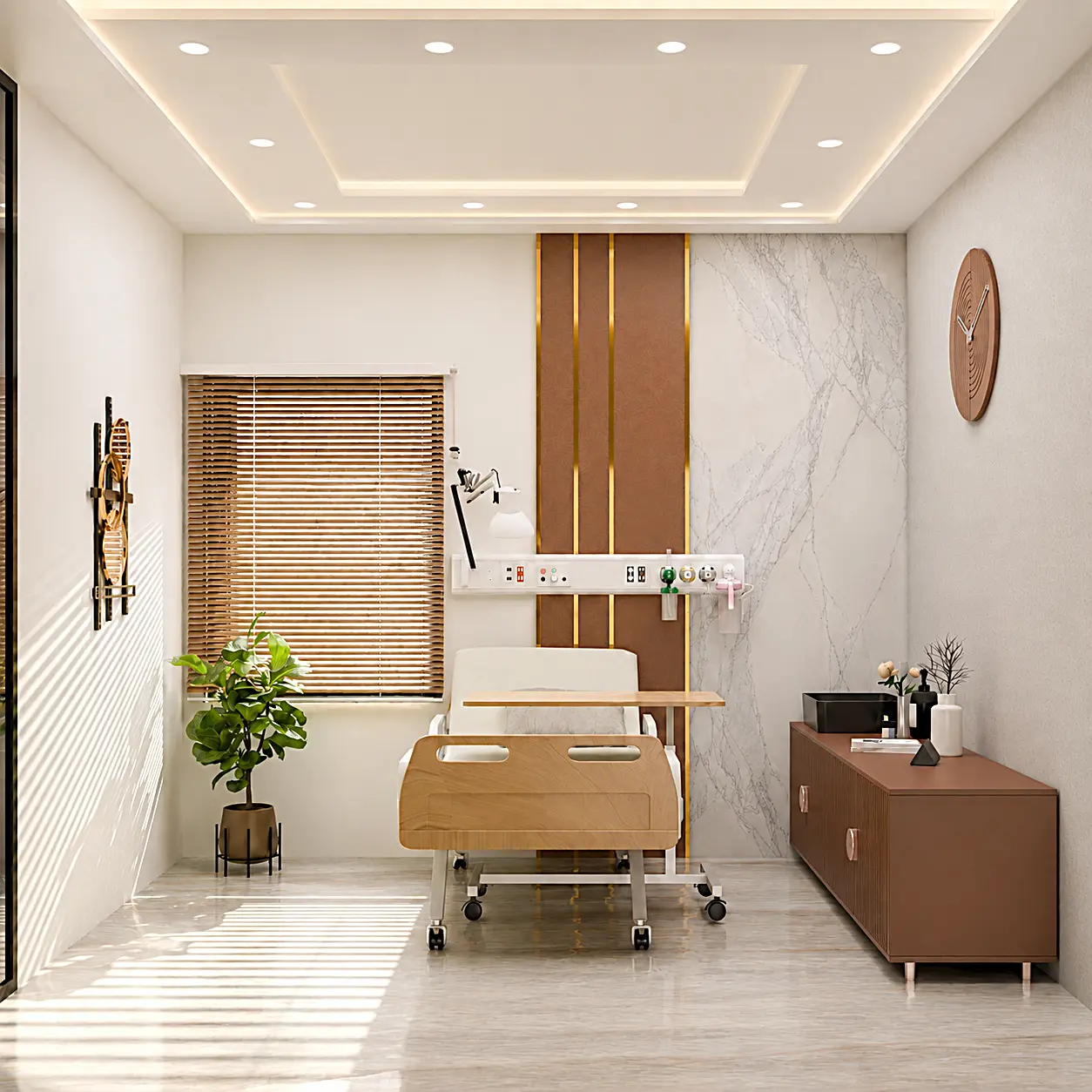 Procedure room with marble feature wall and timber storage unit