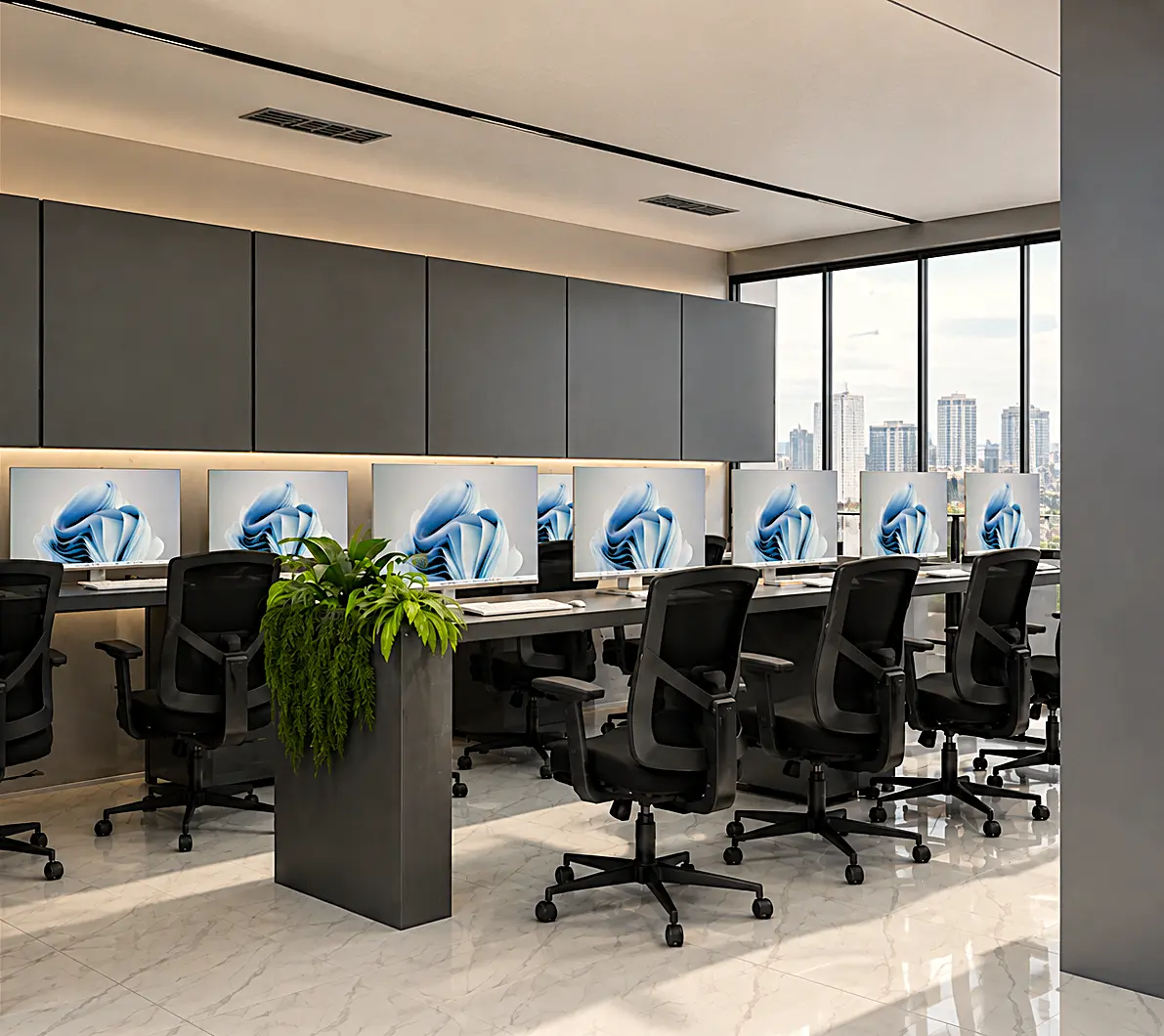Open office workstations with city views and integrated planting