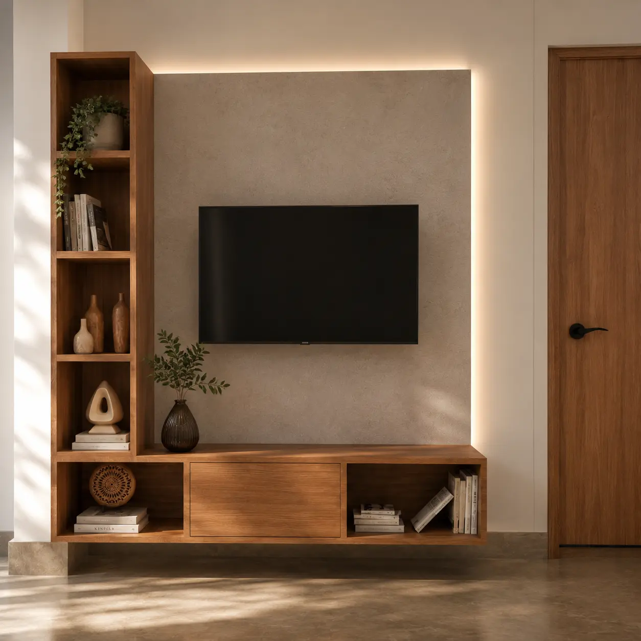 Minimal timber television wall with backlighting and open shelving