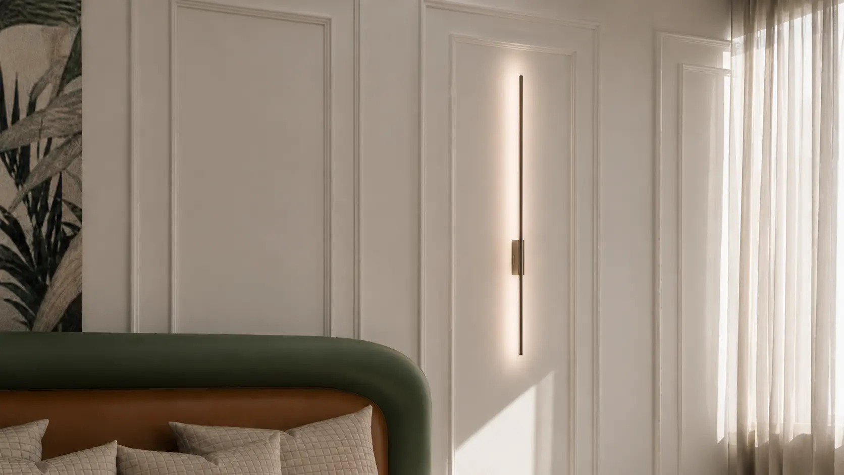 Panelled bedroom wall with a slim illuminated wall light