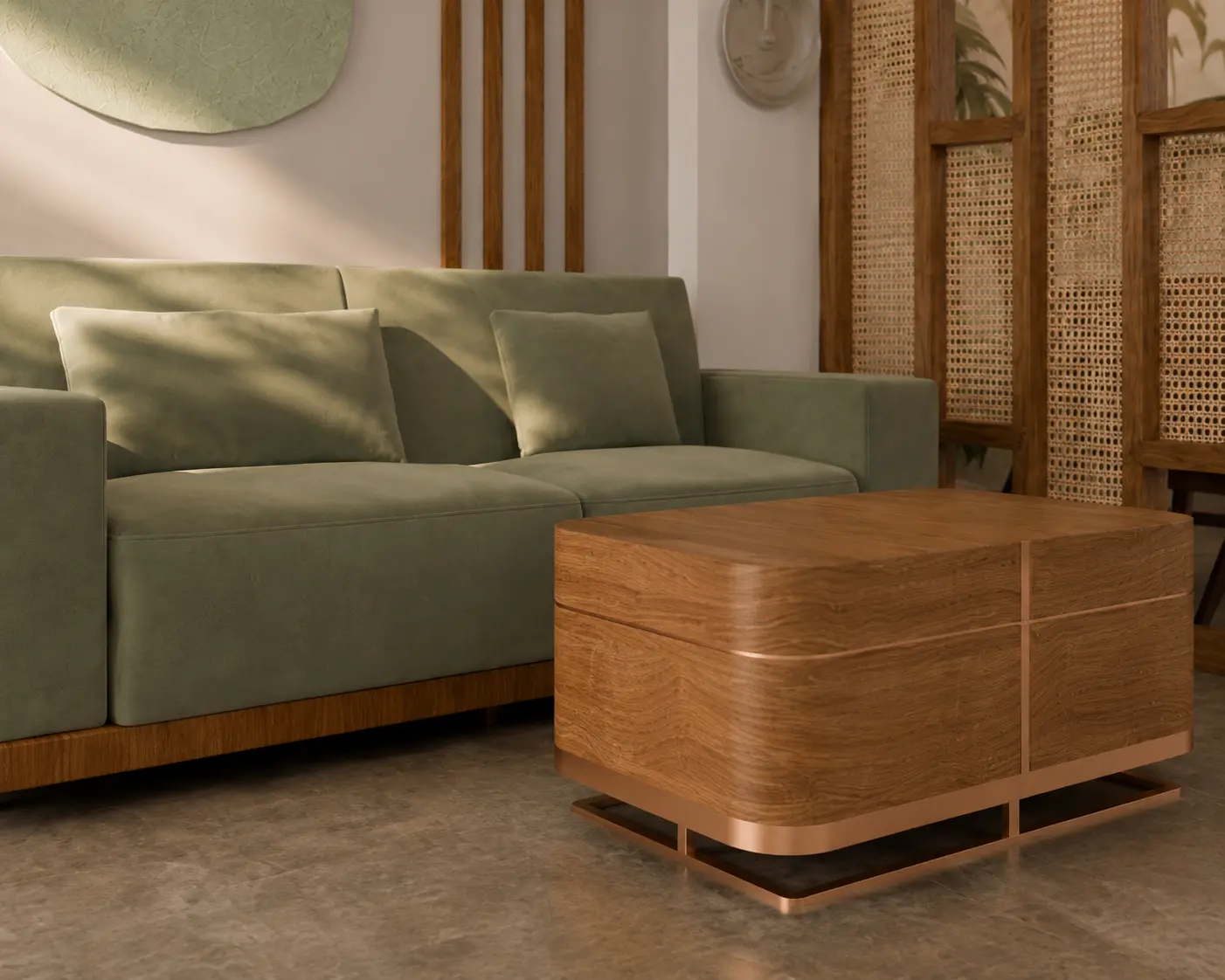 Sage sofa with a sculpted timber coffee table