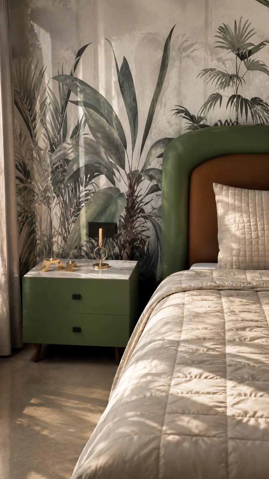 Botanical mural and green bedside table in warm sunlight