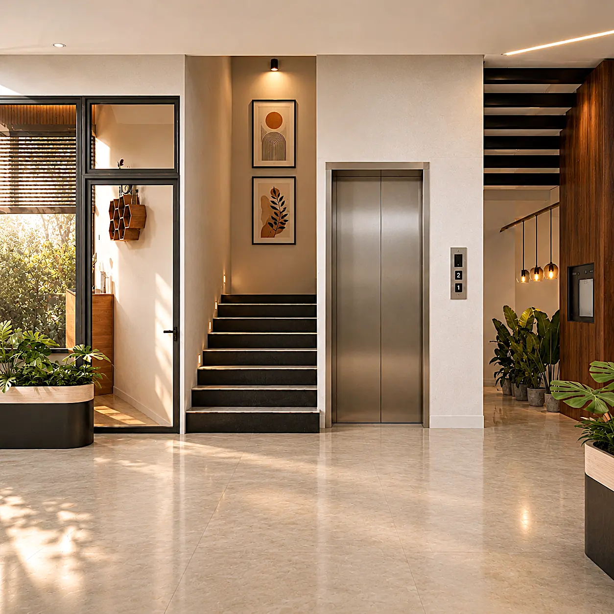 Stair and lift area with framed art and polished stone flooring