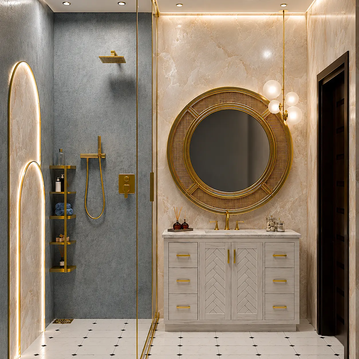 First-floor washroom with round gold mirror and glass shower