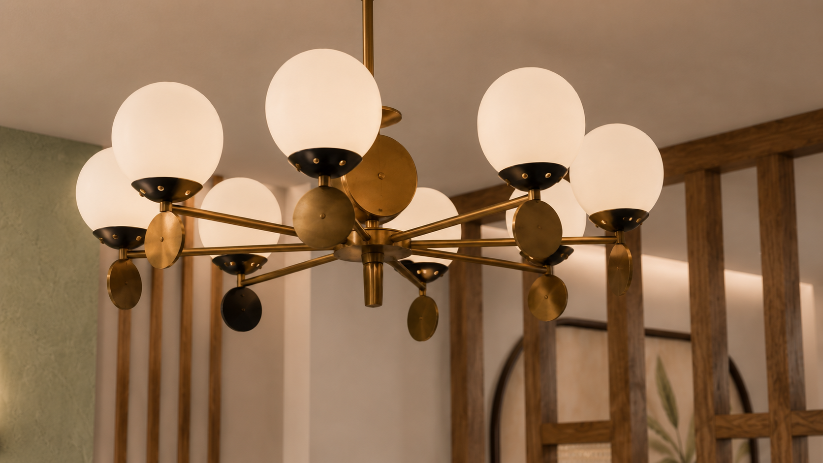 Brass chandelier with softly illuminated globe lights