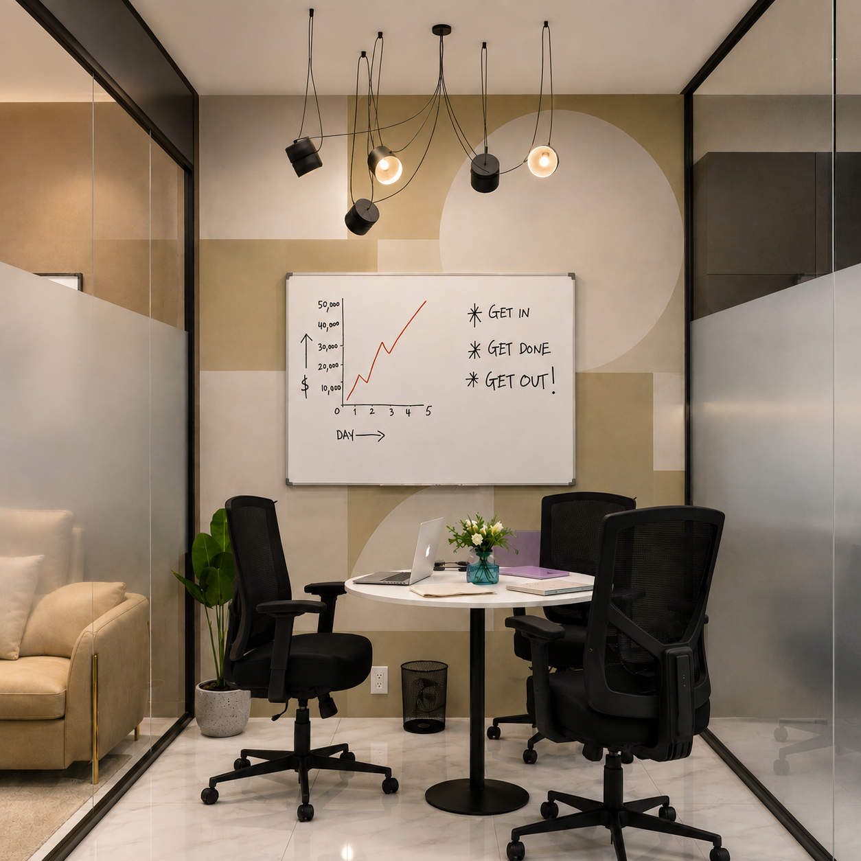 Glass meeting room with pendant lights and a whiteboard