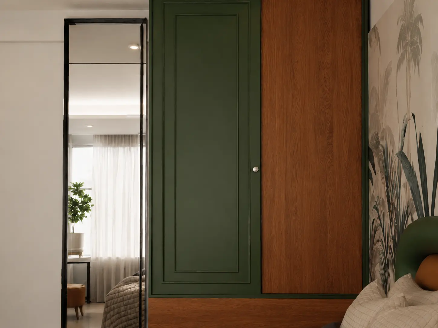 Green and timber bedroom wardrobe with a full-height mirror