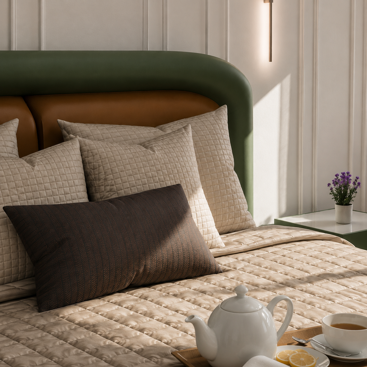 Bedroom with green headboard, quilted bedding and a breakfast tray