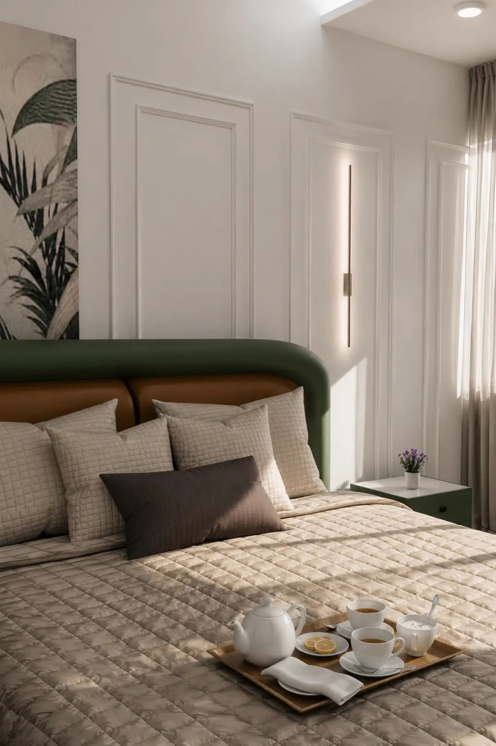 Upholstered bed, panelled wall and breakfast tea tray