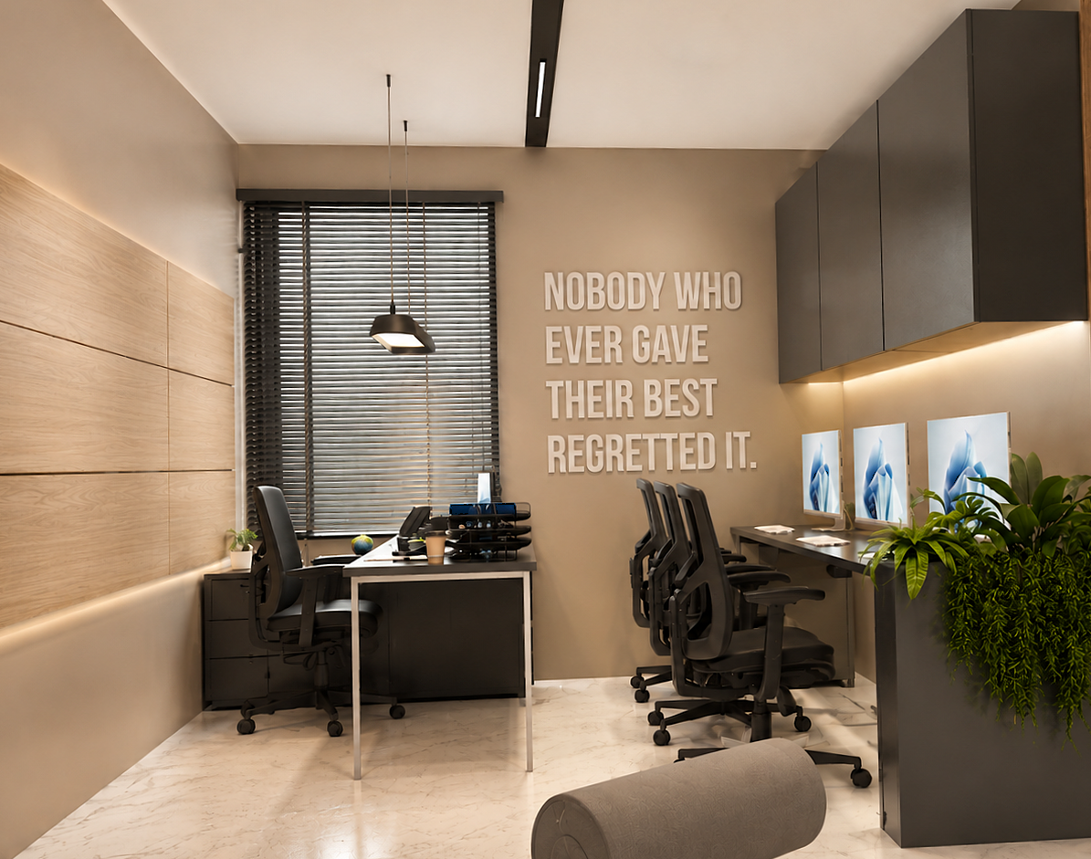Compact office workspace with timber wall panels and computer desks