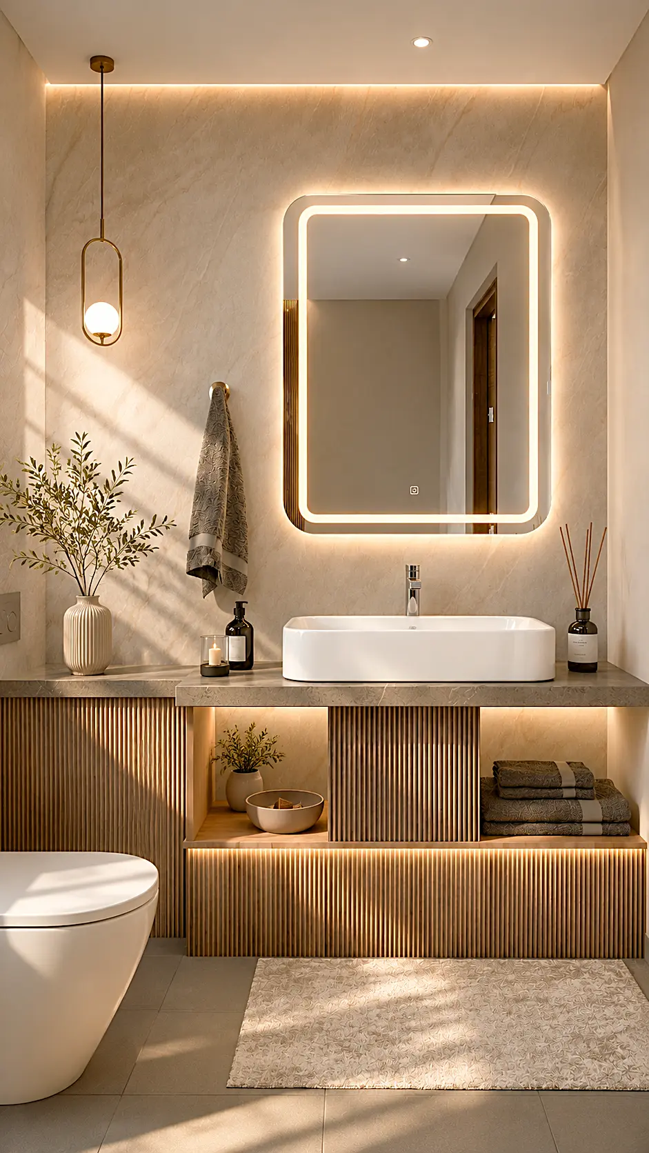 Washroom with illuminated mirror and fluted timber vanity