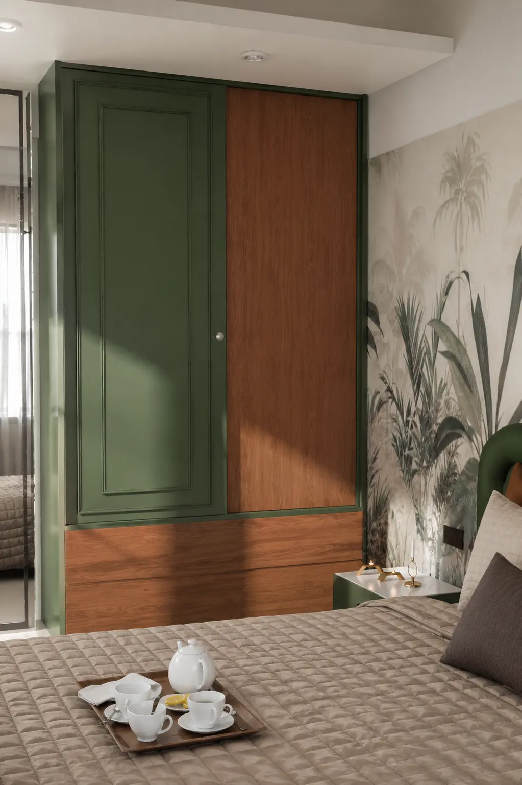Timber and green wardrobe viewed across the bed