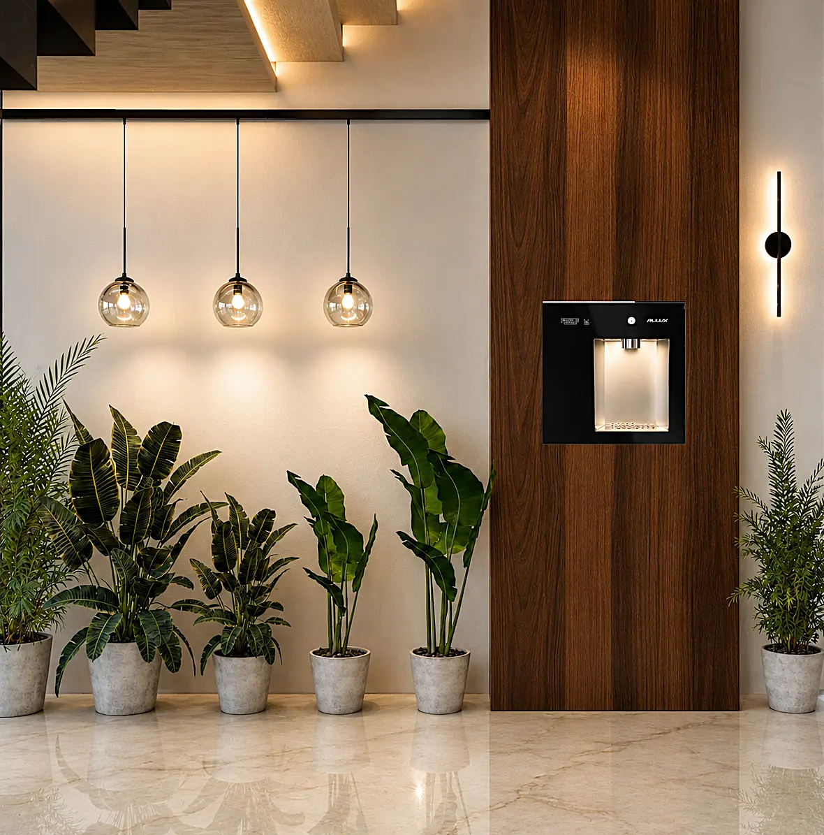 Water dispenser area with glass pendants and layered planting