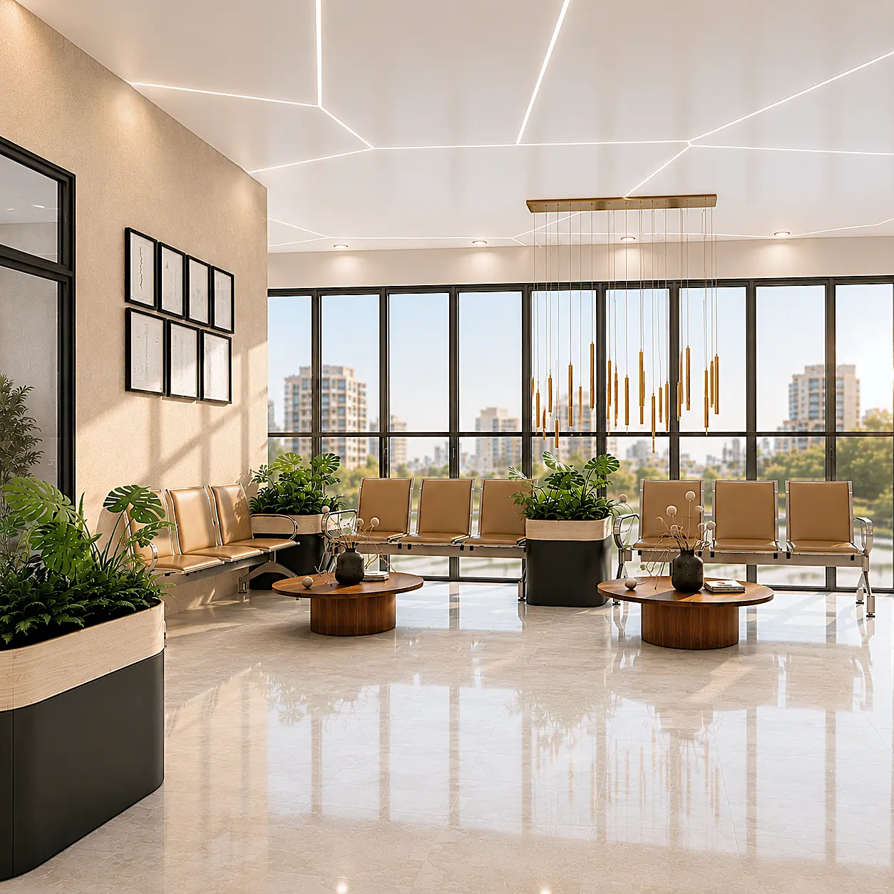 Second-floor waiting area with city views and brass pendant cluster