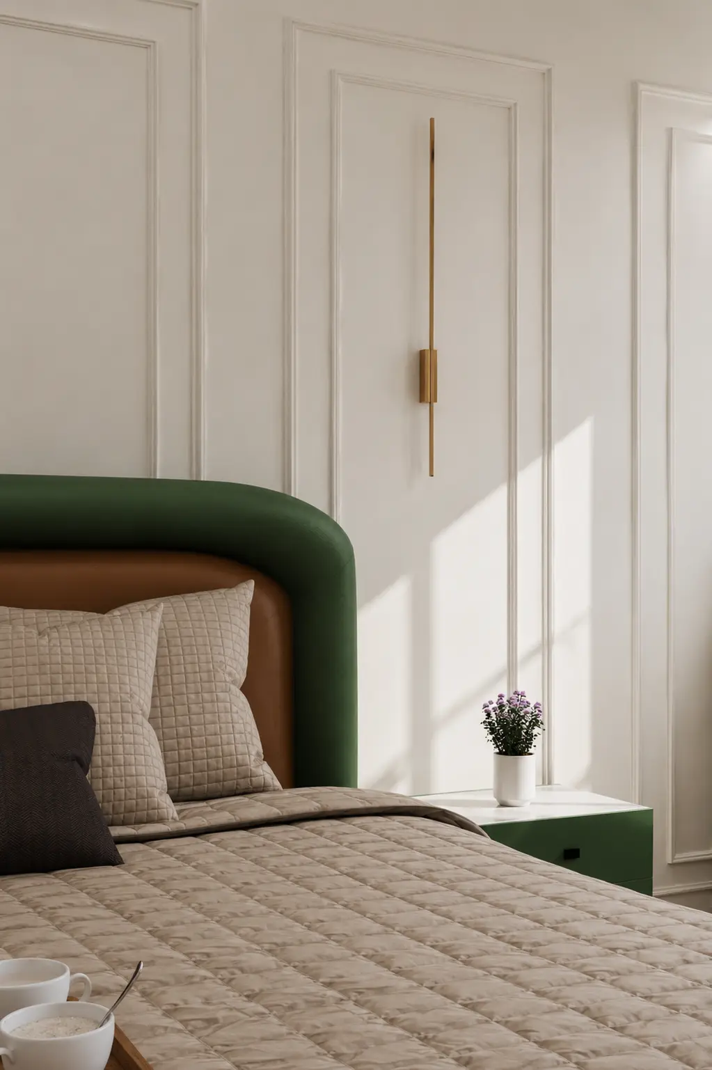 Bedside table, slim brass wall light and upholstered bed