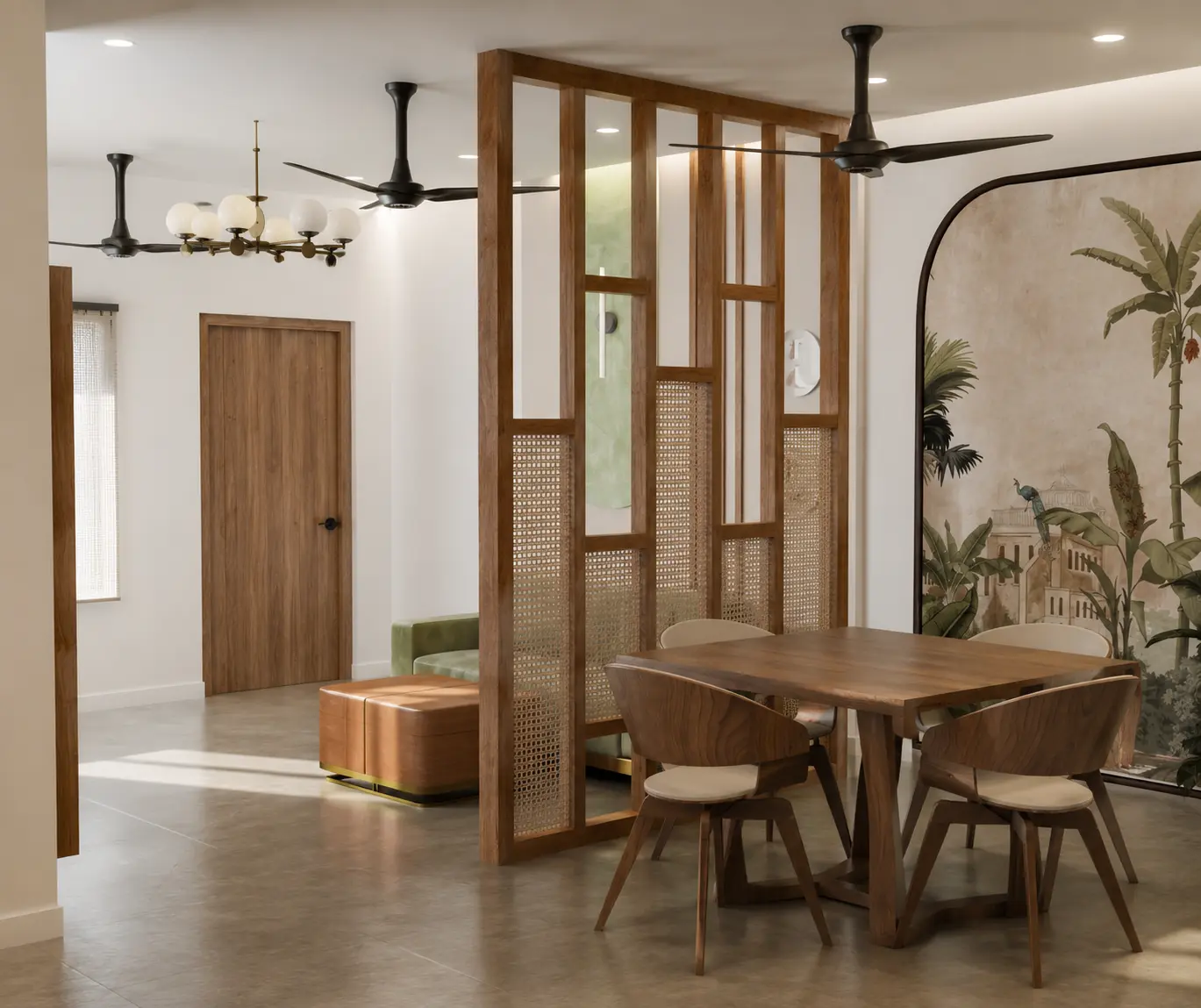 Dining area framed by a timber and cane partition