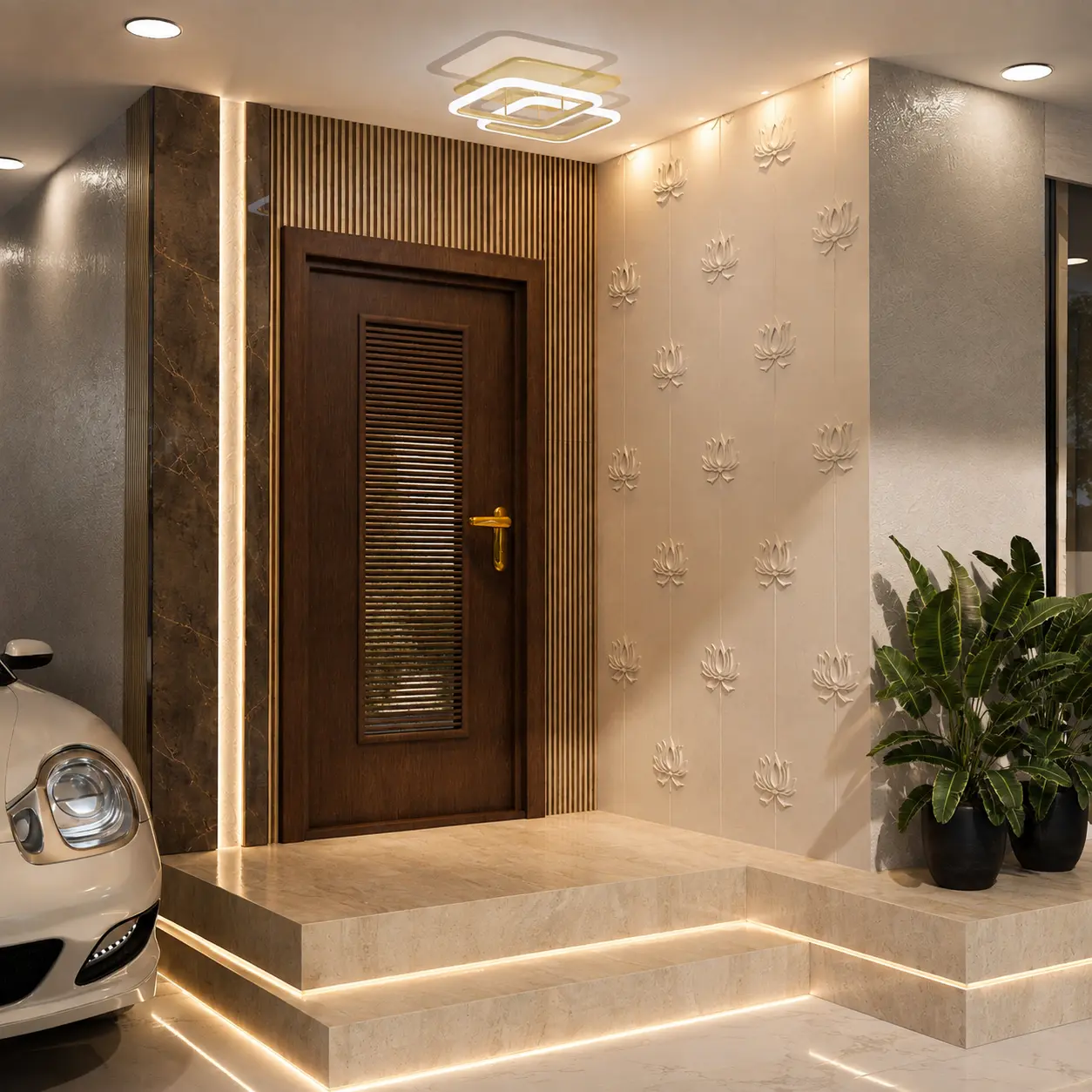 Illuminated entrance with timber door, lotus wall details and marble steps