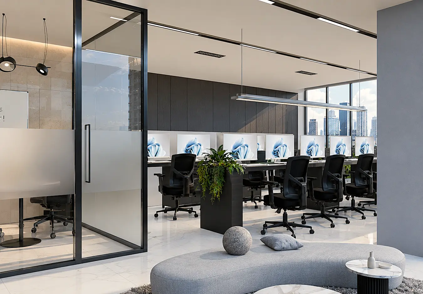 Office lounge overlooking open workstations and the city skyline