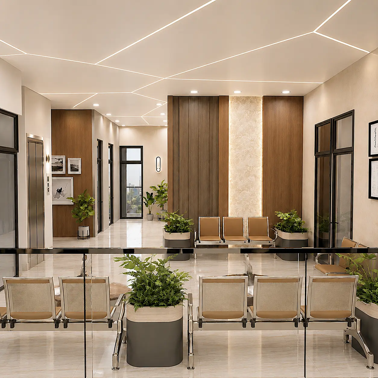 Second-floor waiting lounge with timber feature wall and lift lobby