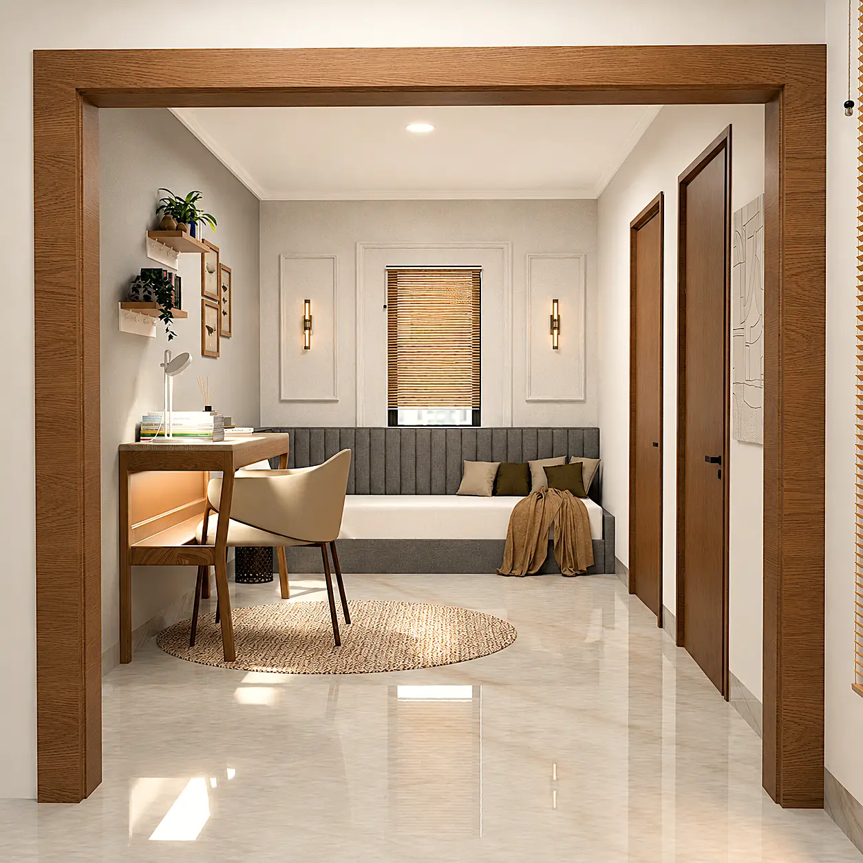 Sitting and study area framed by a wide timber opening