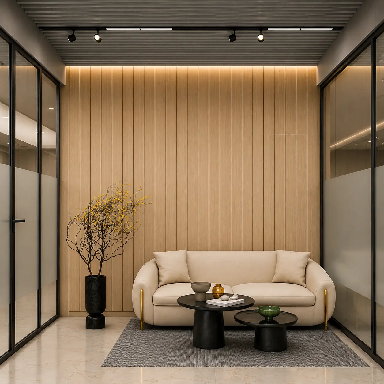 Office sitting area with cream sofa and timber-panelled wall