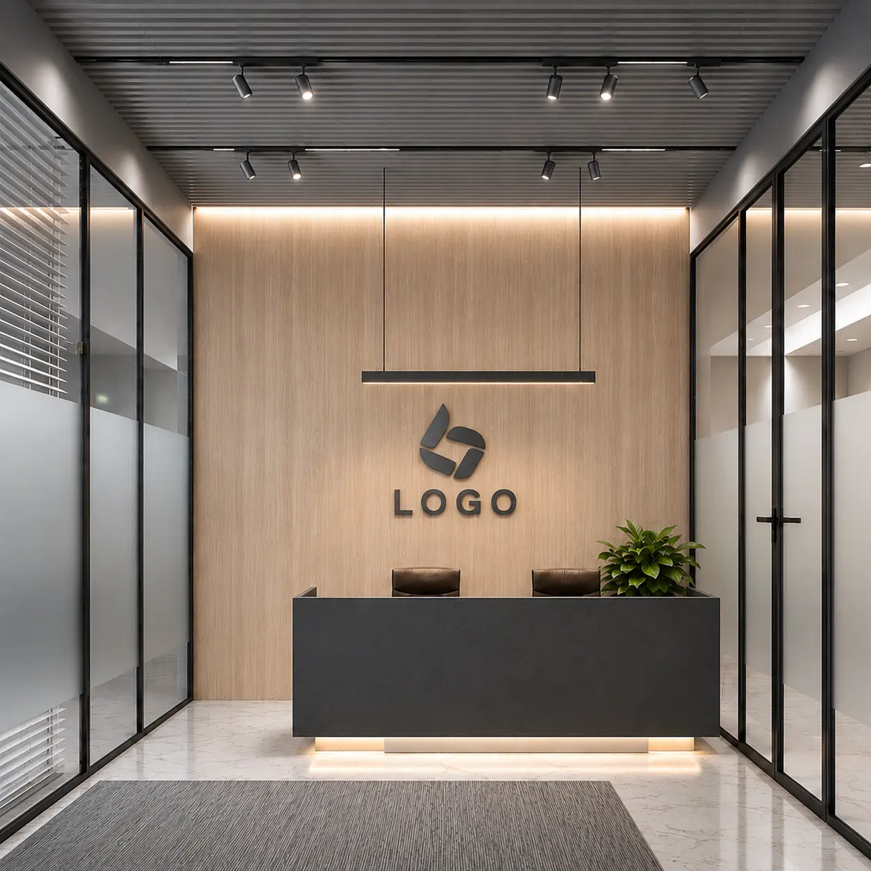 Minimal office reception with timber wall and black desk