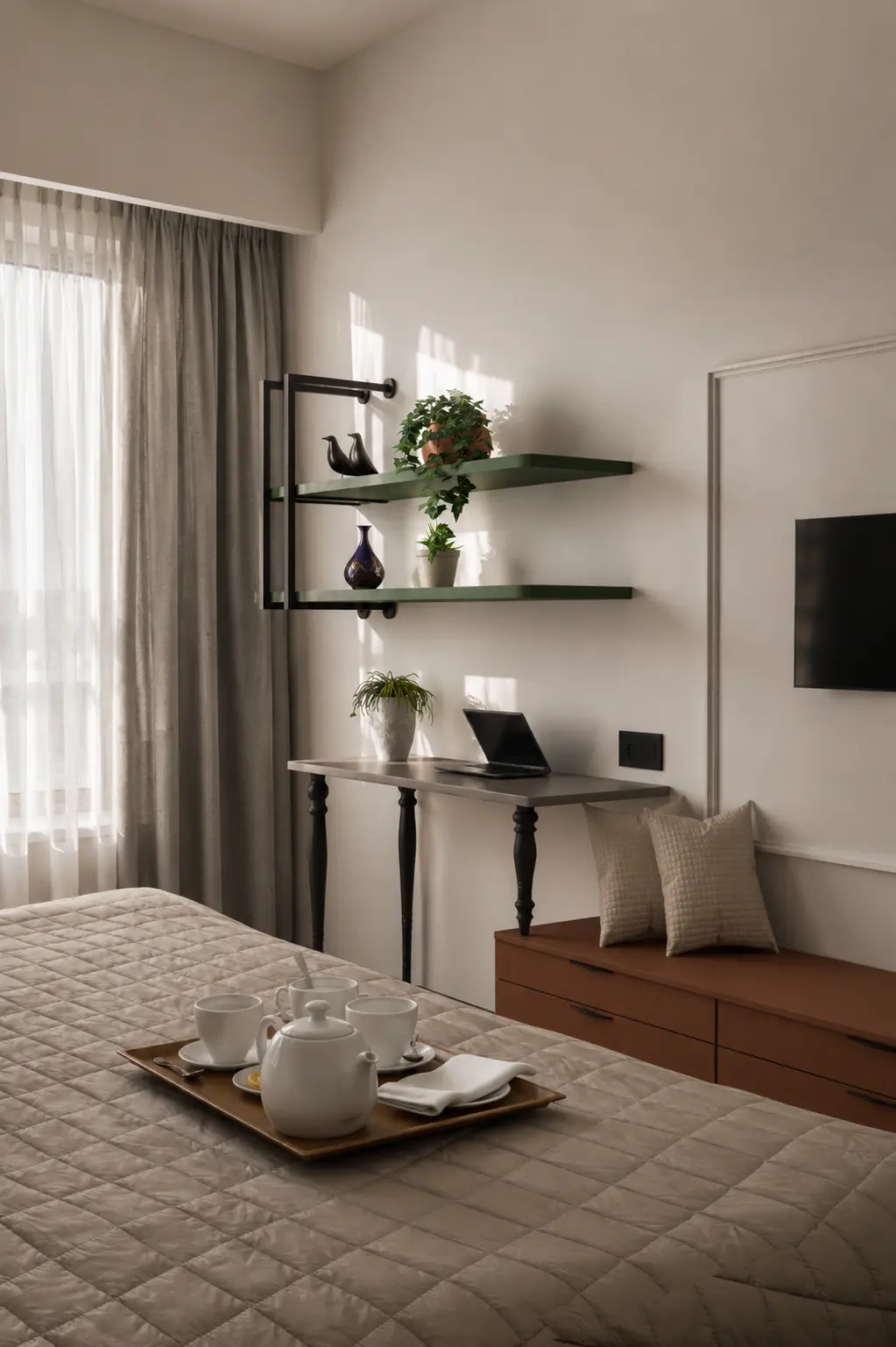 Bedroom television wall, open shelves and compact work desk