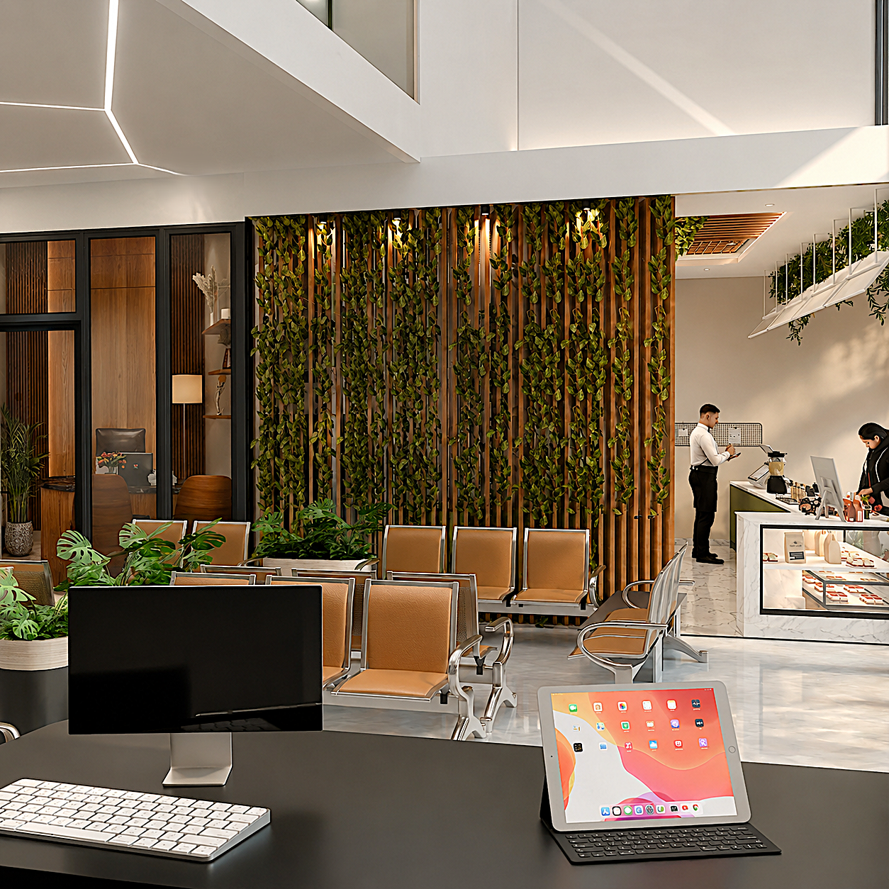 Reception desk view towards the green living wall and pharmacy counter
