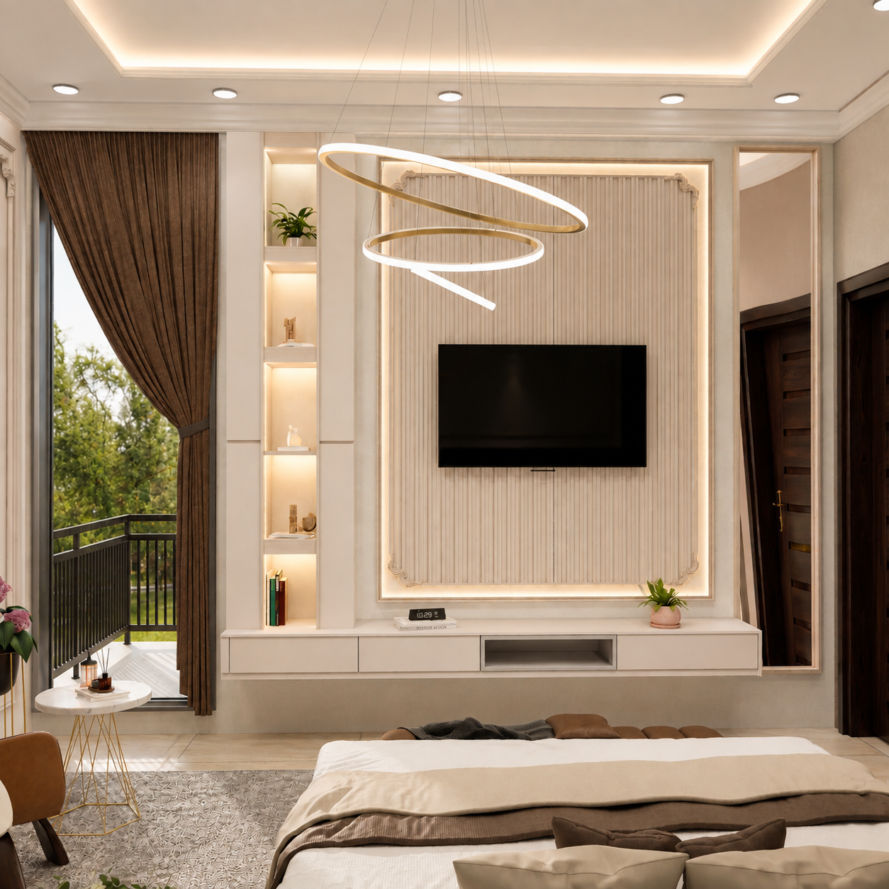 Illuminated television wall opposite the classical bedroom