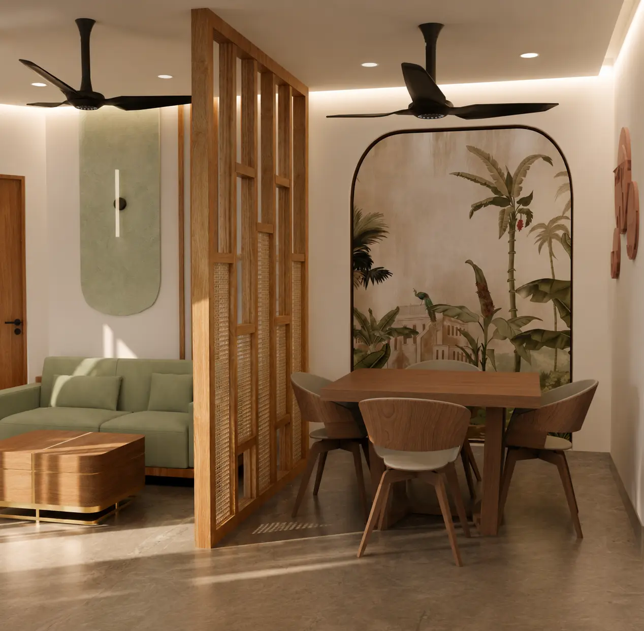 Dining room with botanical mural and adjoining sage sofa