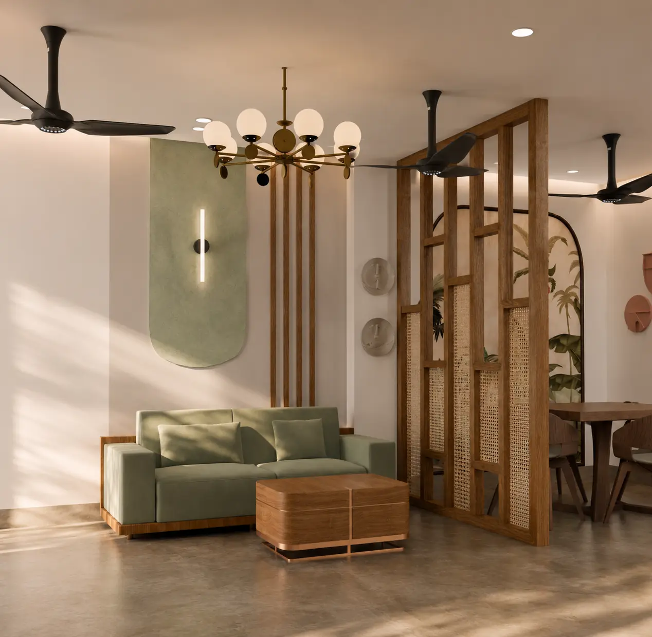 Wide living and dining view with cane partition and globe chandelier