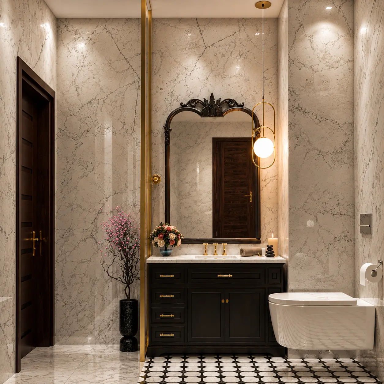 Ground-floor washroom with dark vanity and framed mirror