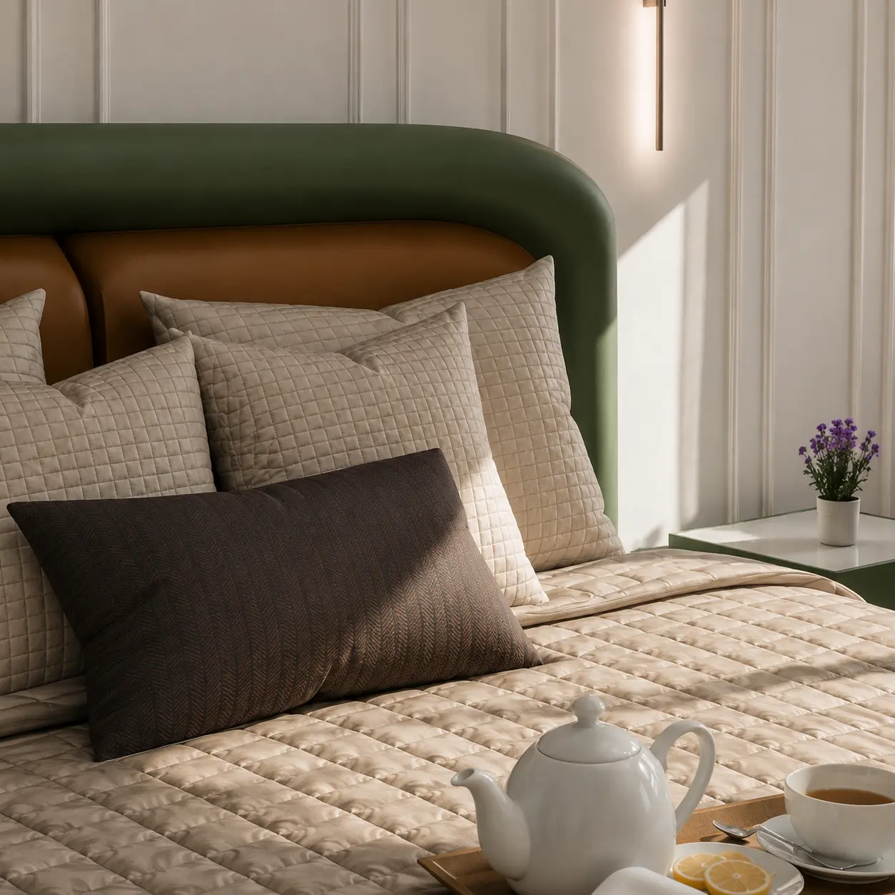 Layered pillows and tea service on the upholstered bed