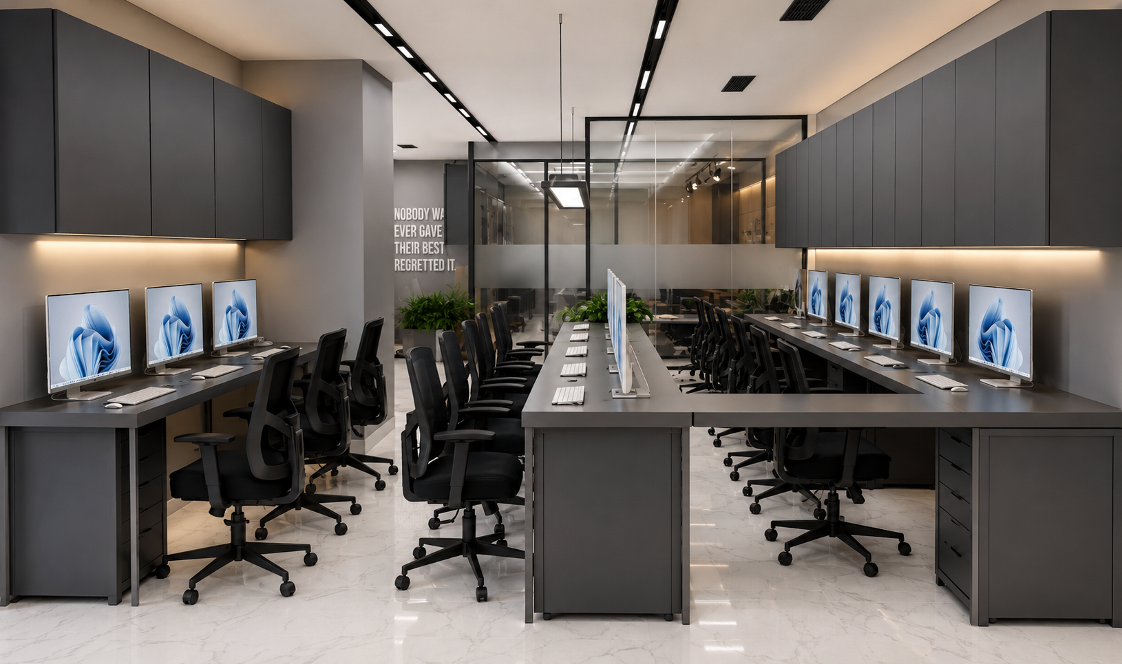 Wide symmetrical view of the open-plan office workstations