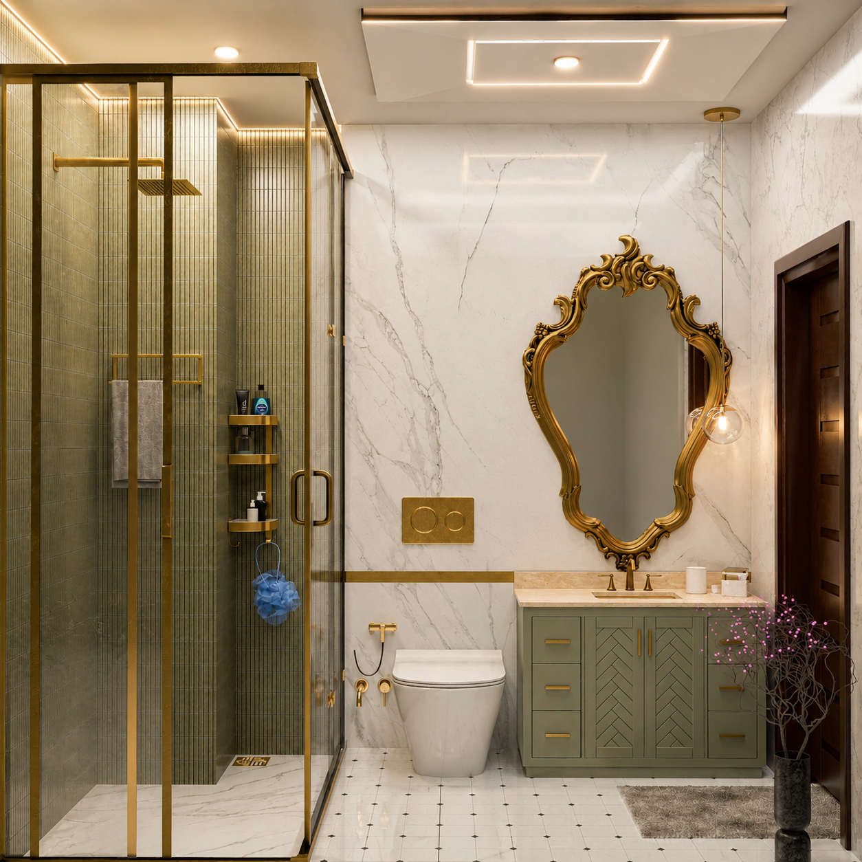 First-floor washroom with marble walls and ornate gold mirror