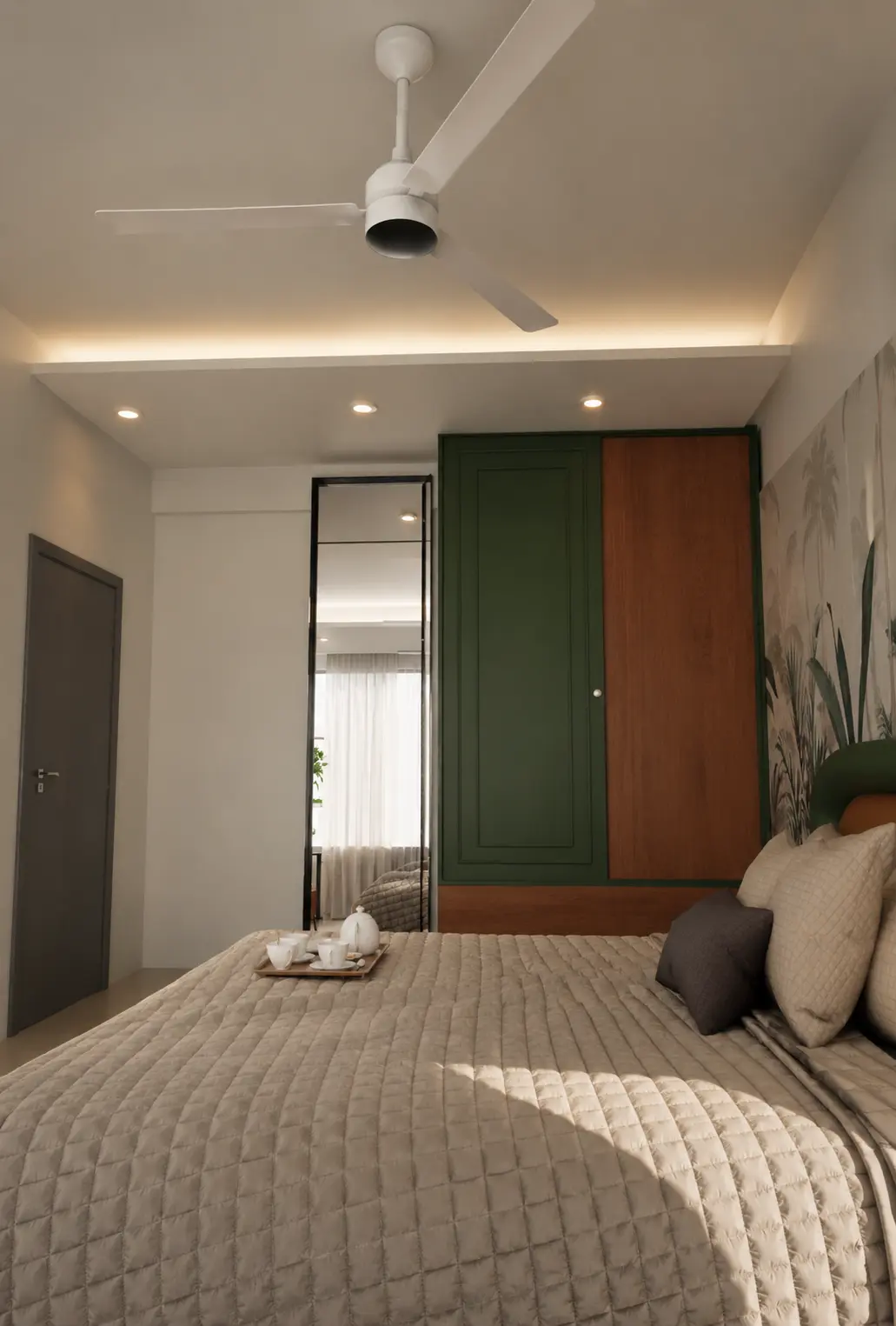Wide bedroom view with bed, wardrobe, mirror and ceiling fan