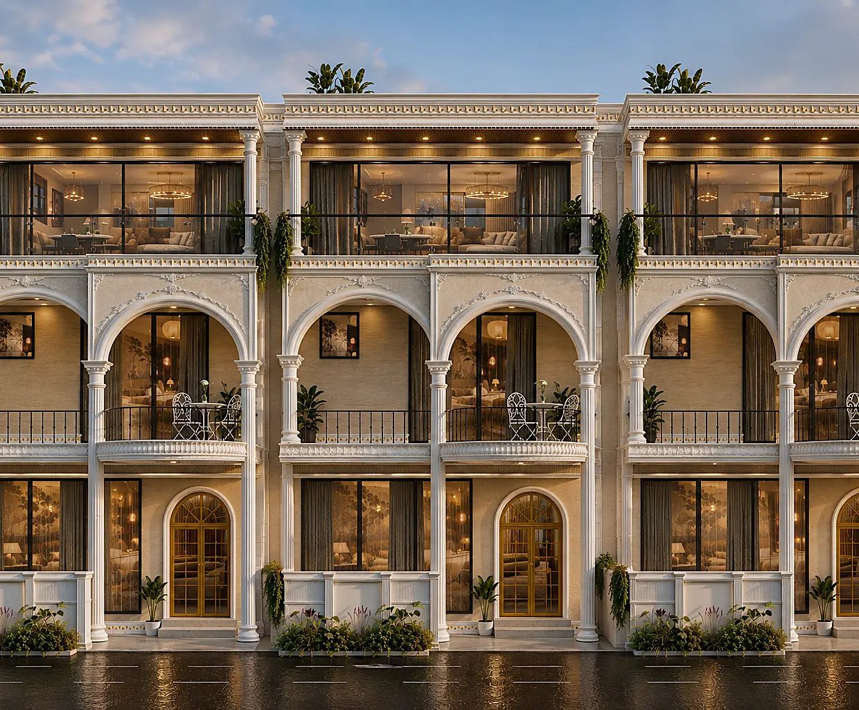 Classical township elevation with arches, columns and balconies