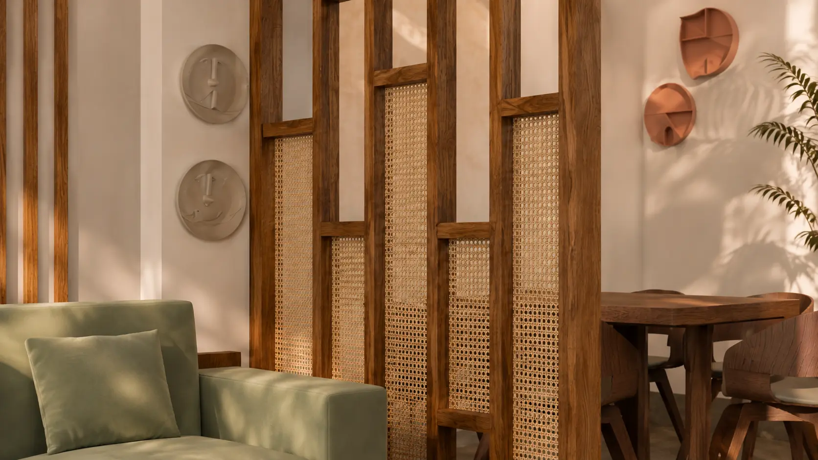 Timber and cane partition between the living and dining areas