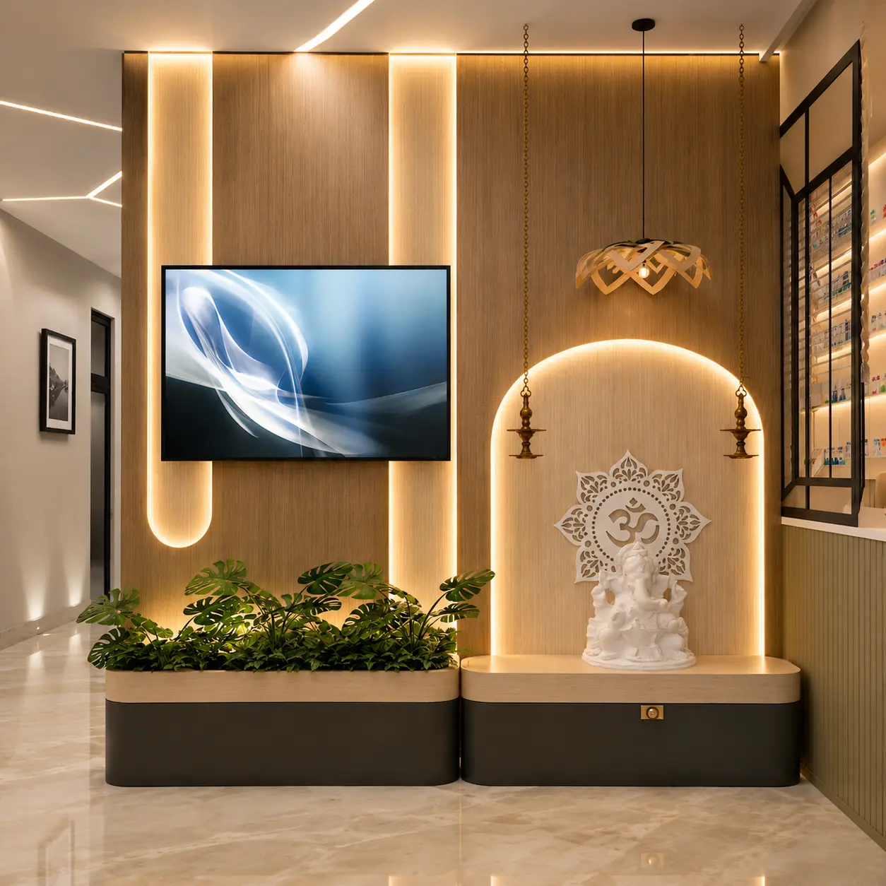 Display wall with backlit timber panelling, screen and prayer niche