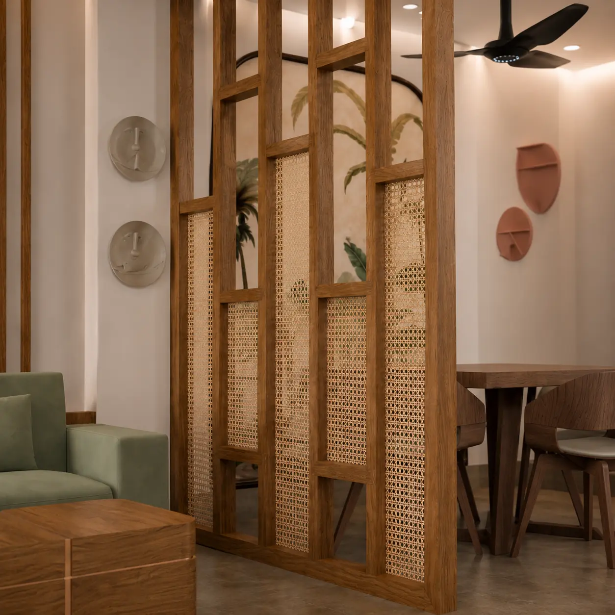 Warm sitting and dining interior with a wood and cane partition screen