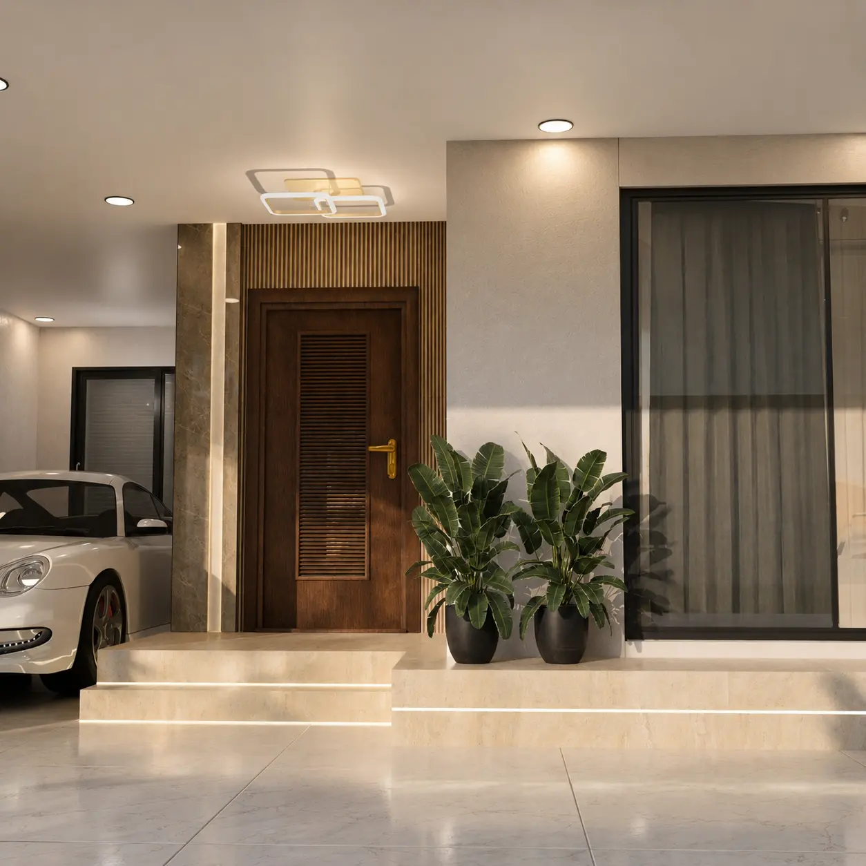 Wide entrance view with timber door, plants and covered parking