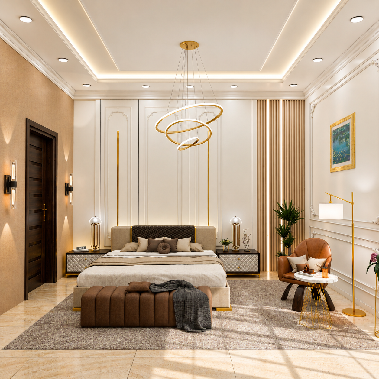 Sculptural chandelier in the classical bedroom