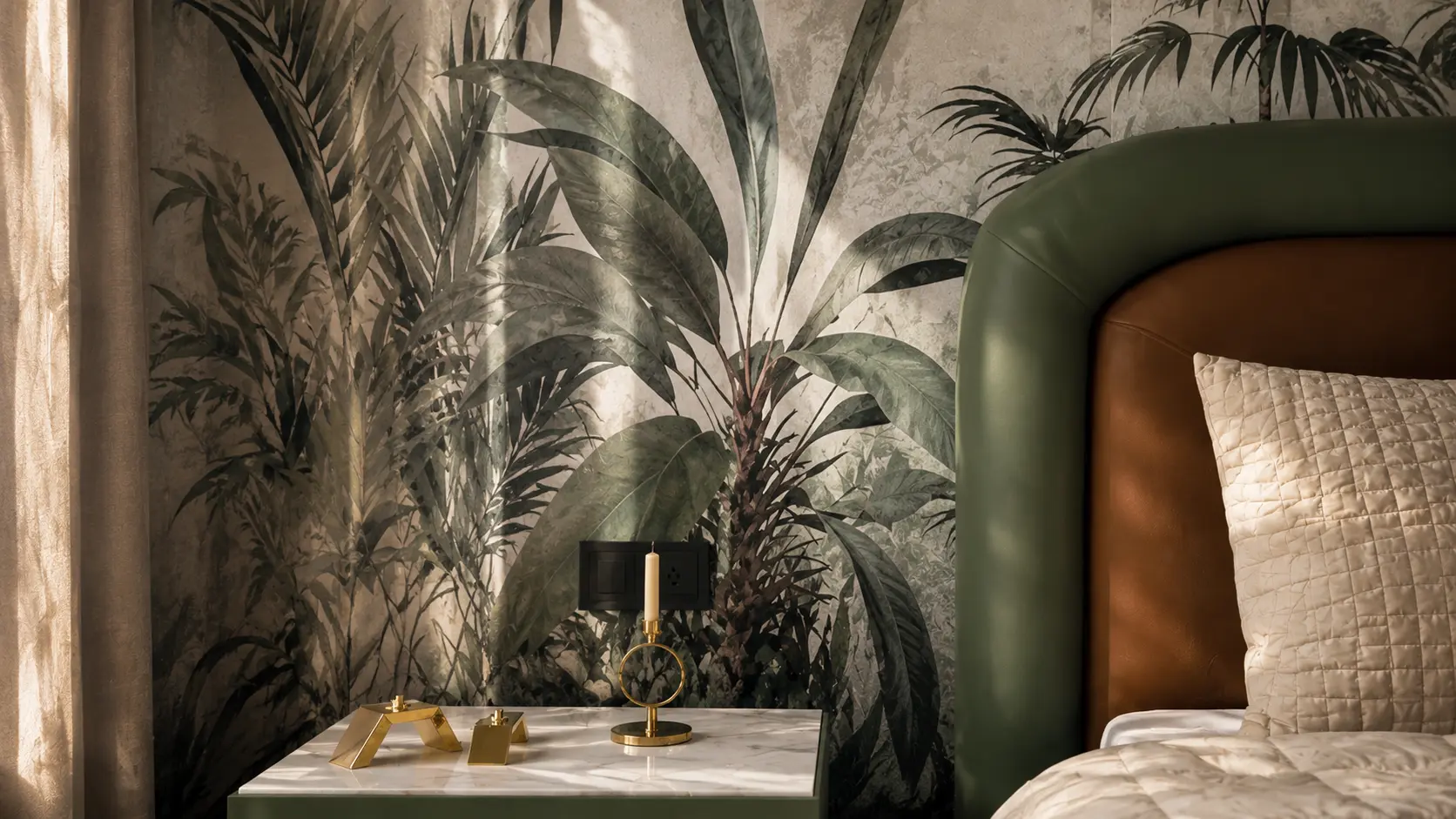 Botanical mural and marble bedside table beside a green upholstered headboard