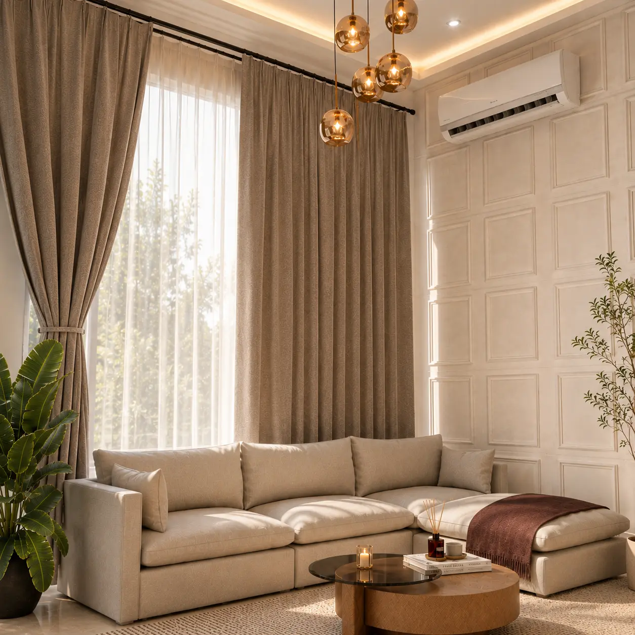 Living area render produced from a 2D floor plan