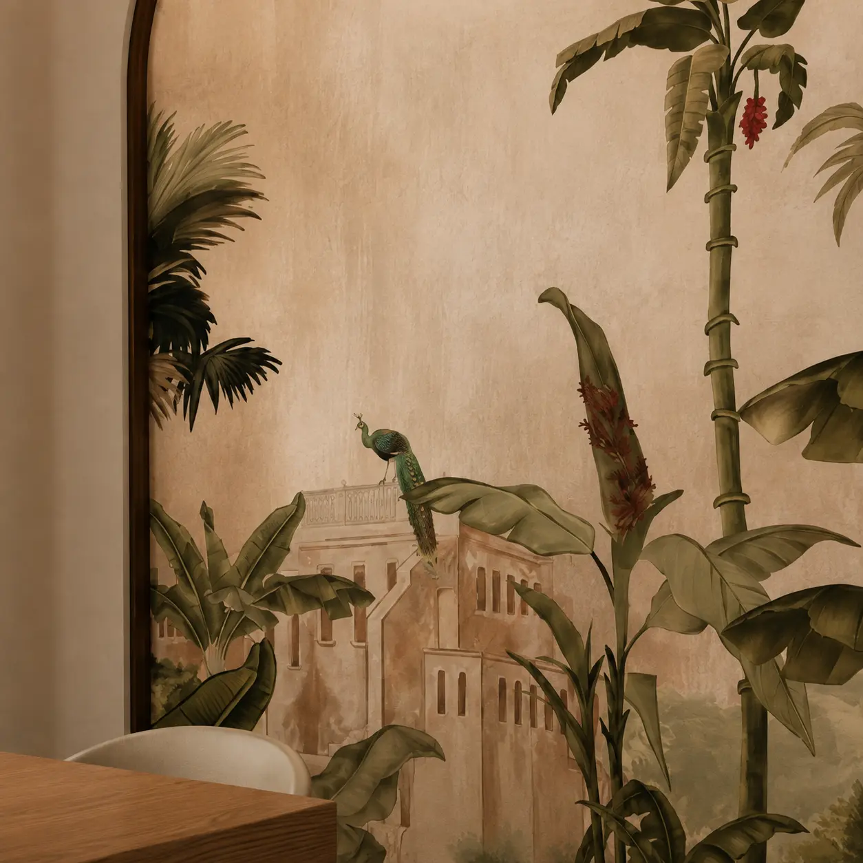 Botanical dining-room mural with a peacock and tropical foliage
