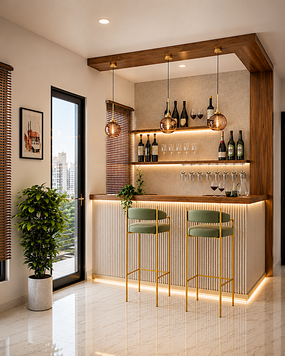 Rooftop terrace bar with timber framing, pendant lights and bar stools