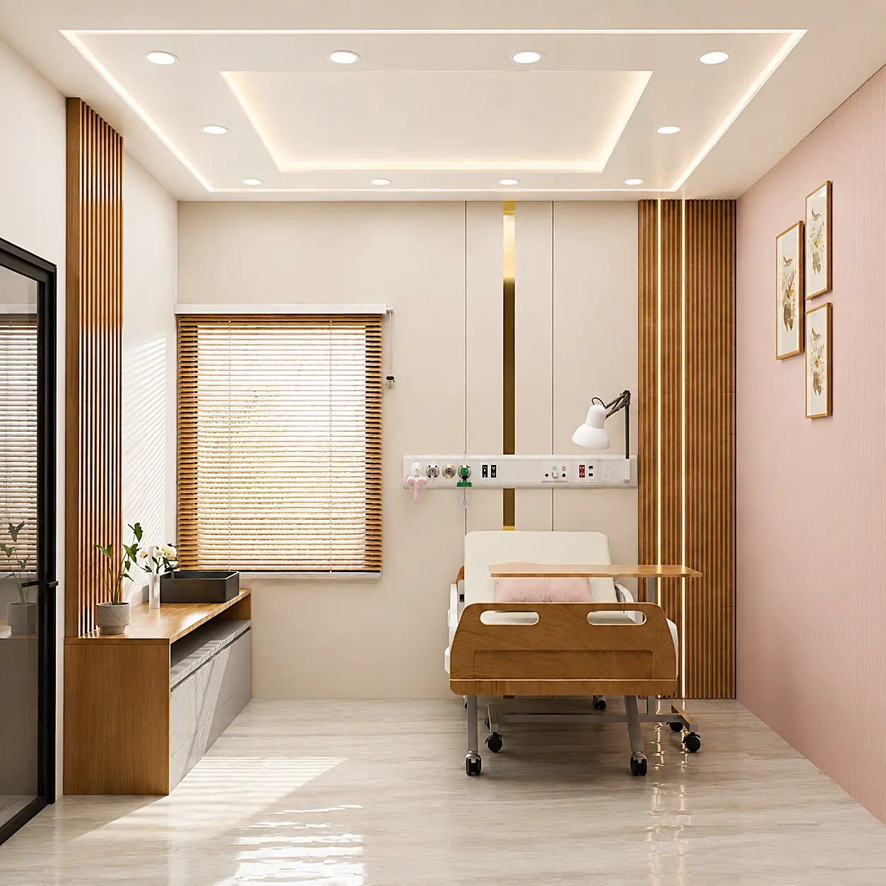 Procedure room with timber slats, blush wall and bedside console