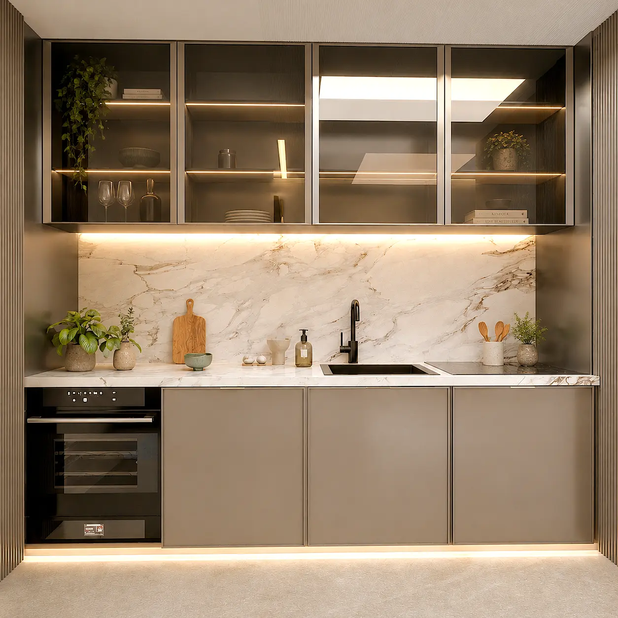 Compact modern kitchen with glass cabinets and marble backsplash