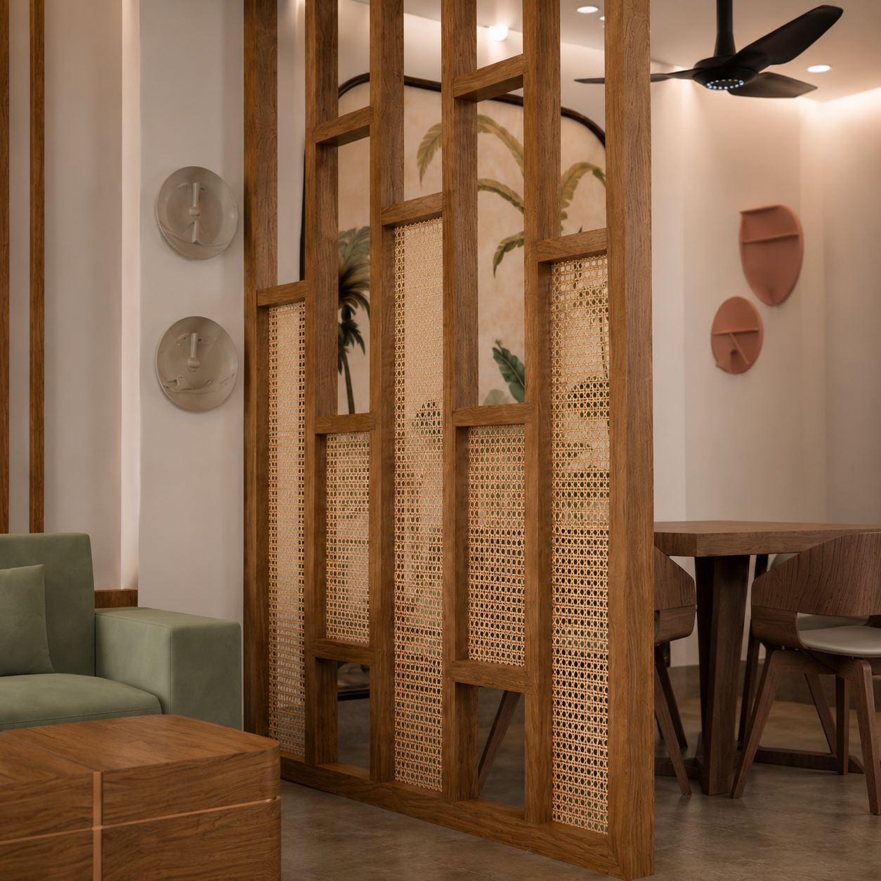 Residential interior with a slatted teak and cane partition screen beside the dining area